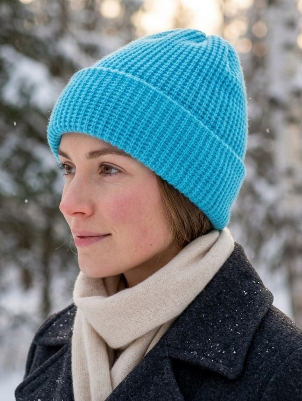 Hand Knit Unisex Light Blue Wool Blend Beanie